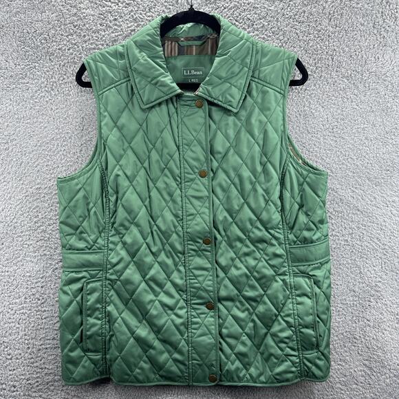 L.L.Bean Jackets & Blazers - L.L. Bean Vest Womens Large Green Quilted Snap Button Plaid Lined NWOT Outdoor